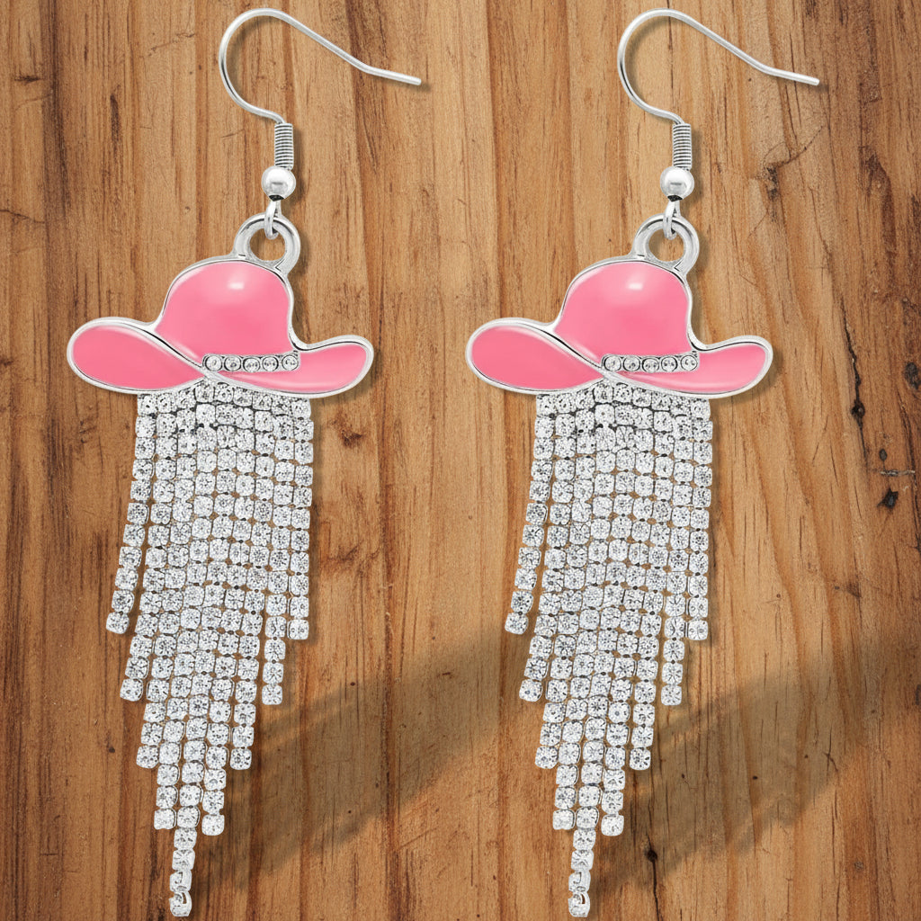 Sparkle Cowgirl Hat Fringe Earrings – Rhinestone Tassel Dangle Jewelry
