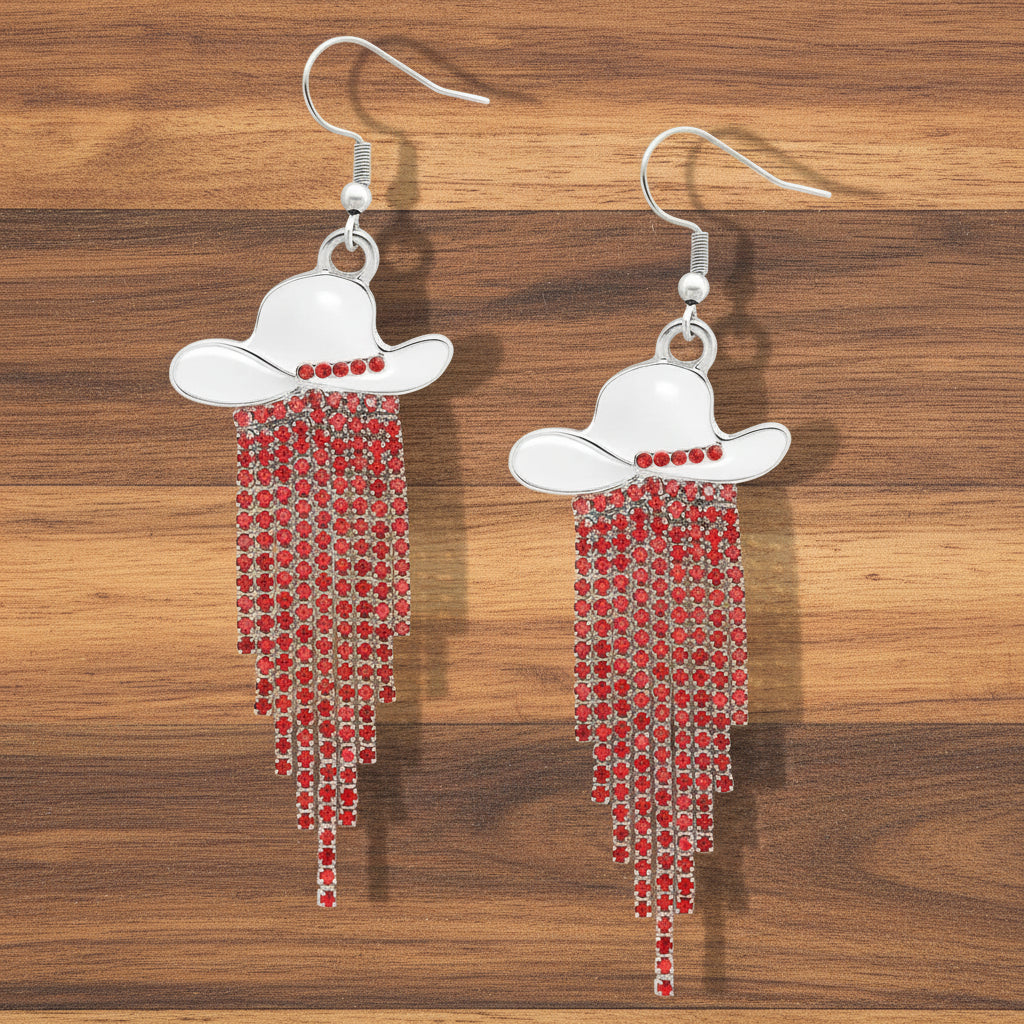 Sparkle Cowgirl Hat Fringe Earrings – Rhinestone Tassel Dangle Jewelry