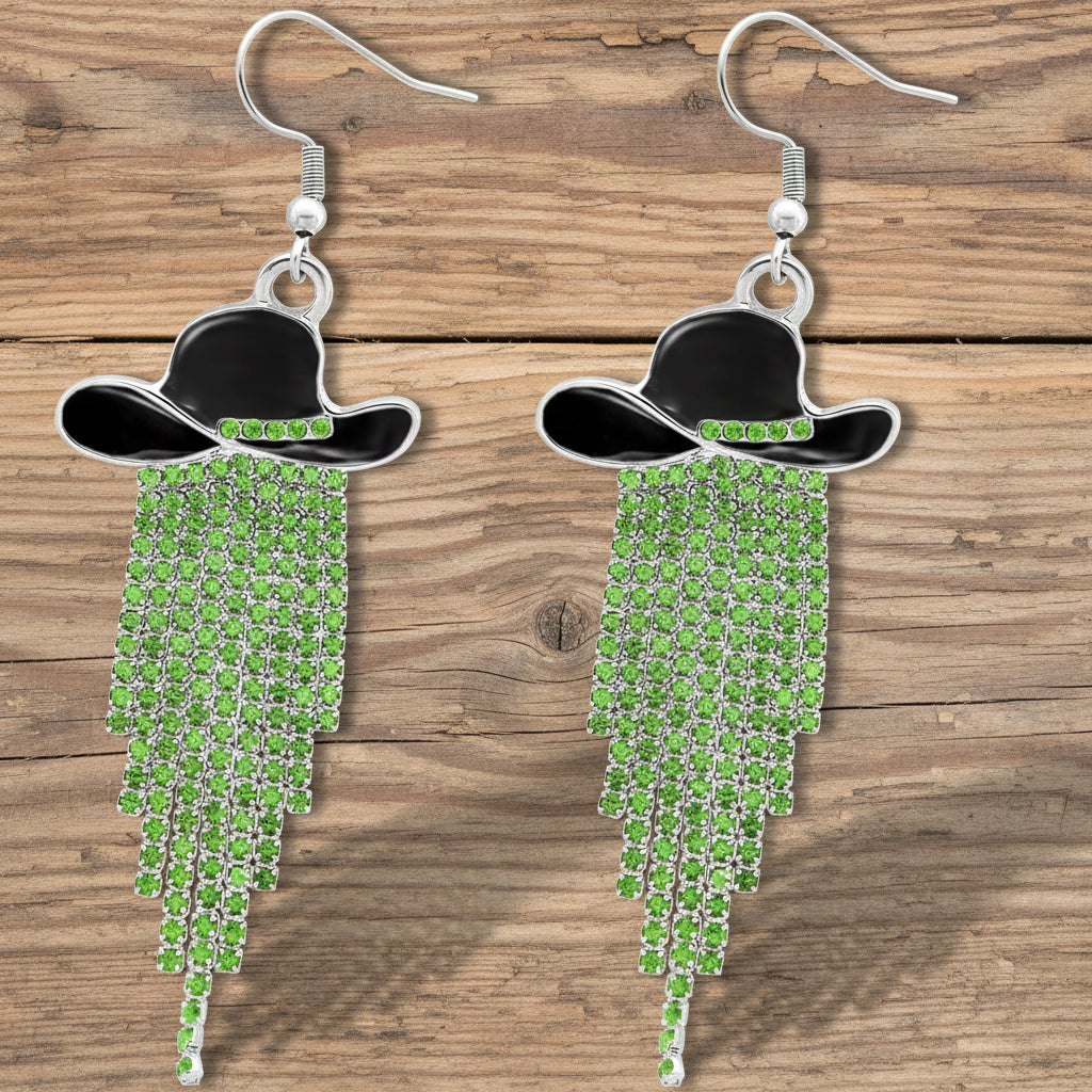 Sparkle Cowgirl Hat Fringe Earrings – Rhinestone Tassel Dangle Jewelry