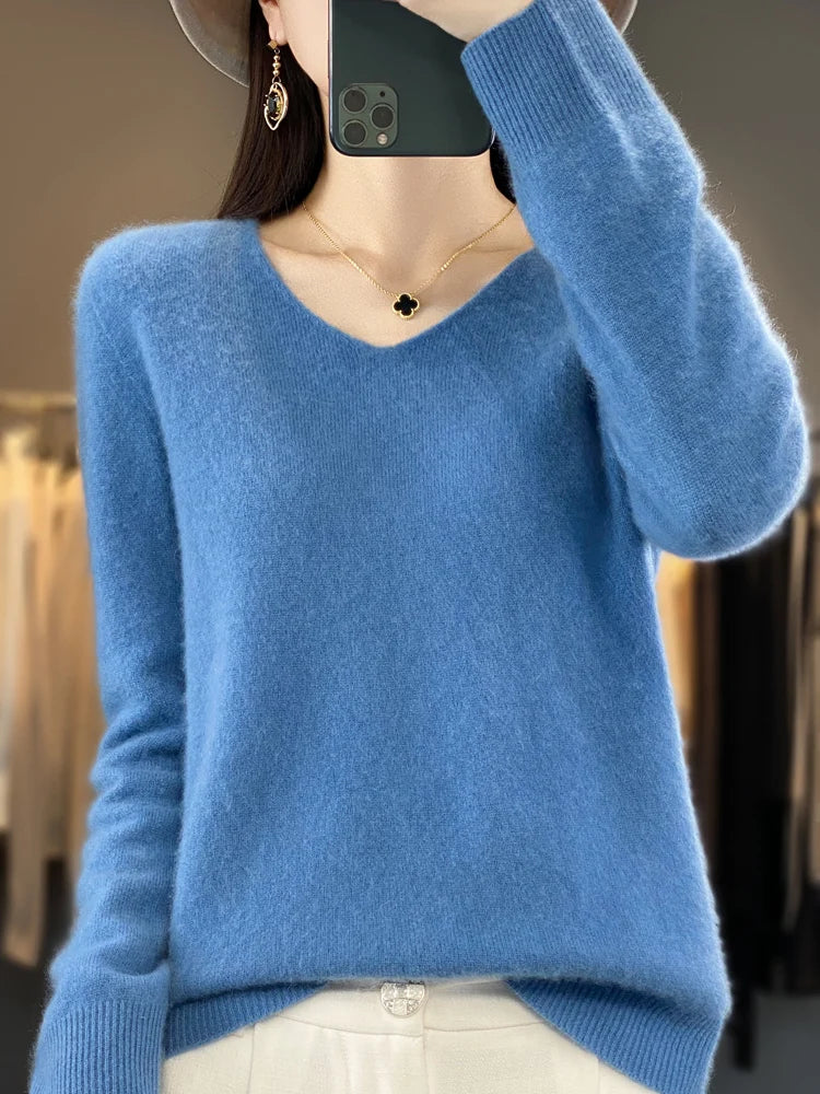 Women's 100% Merino Wool V-Neck Pullover Sweater
