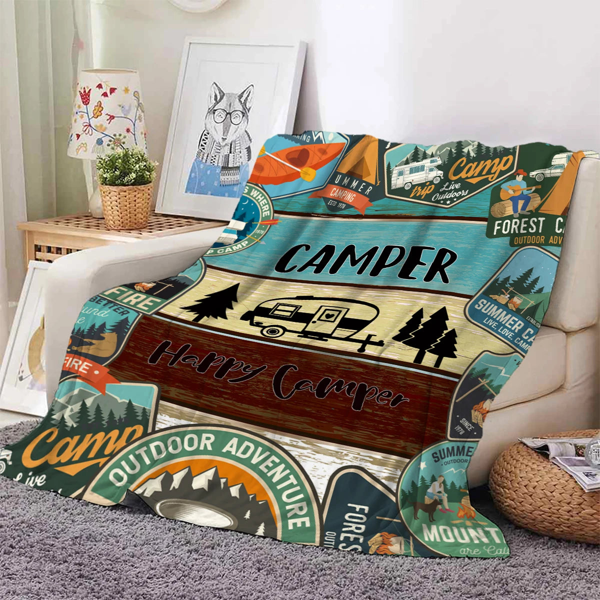 Happy Camper Flannel Throw Blanket