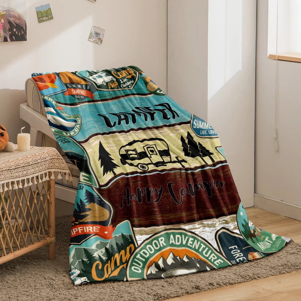 Happy Camper Flannel Throw Blanket