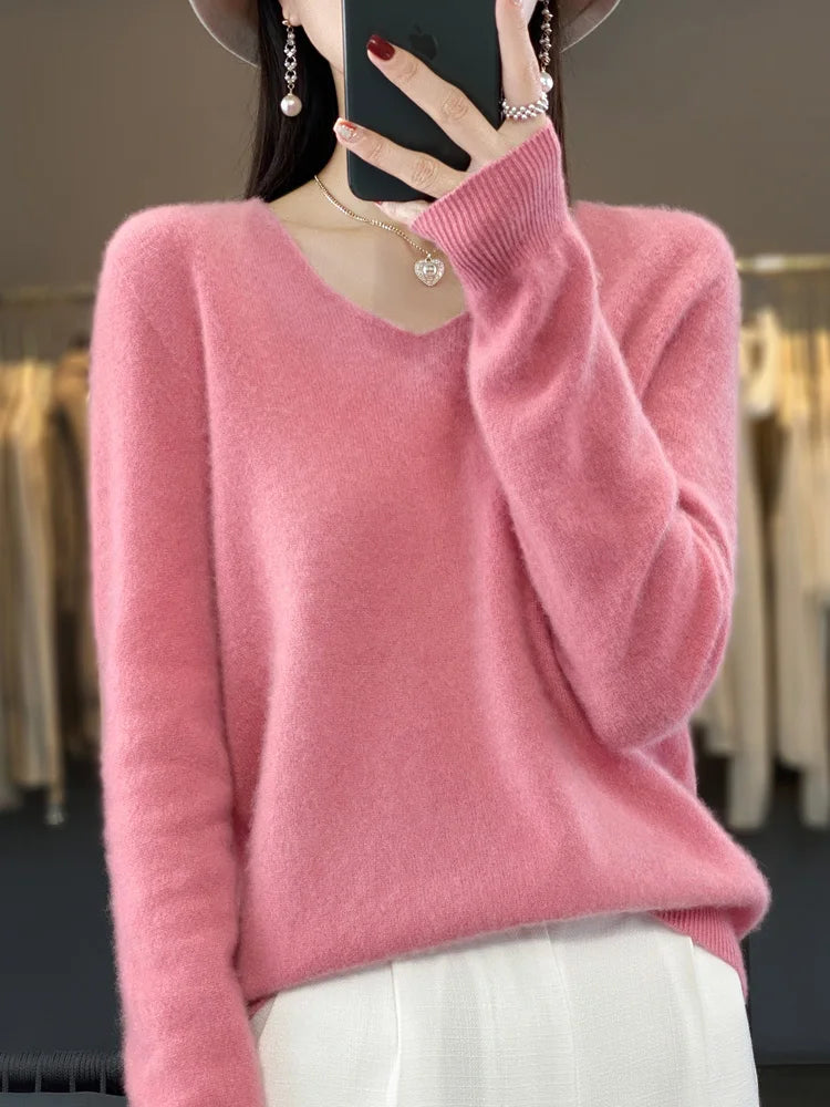 Women's 100% Merino Wool V-Neck Pullover Sweater