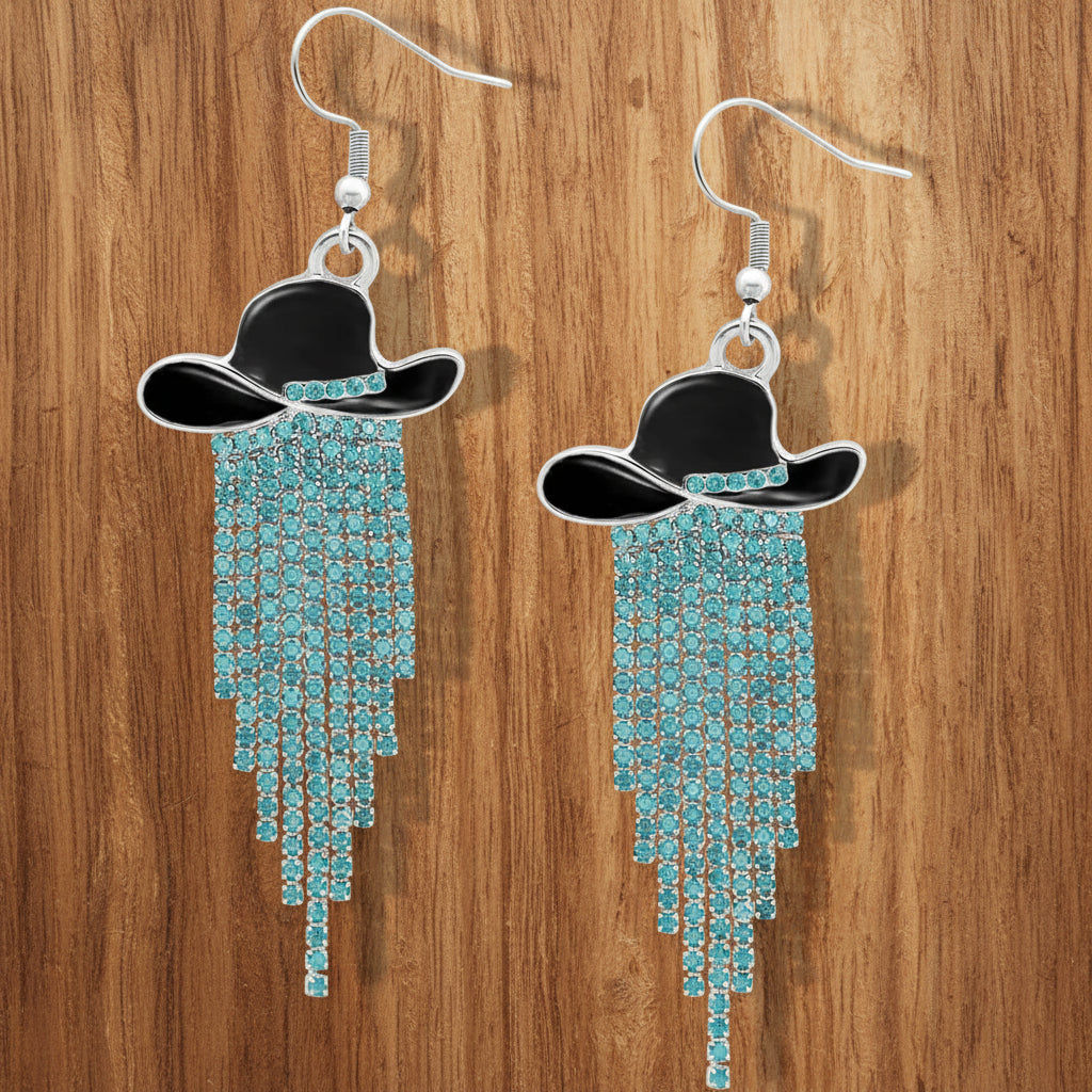 Sparkle Cowgirl Hat Fringe Earrings – Rhinestone Tassel Dangle Jewelry