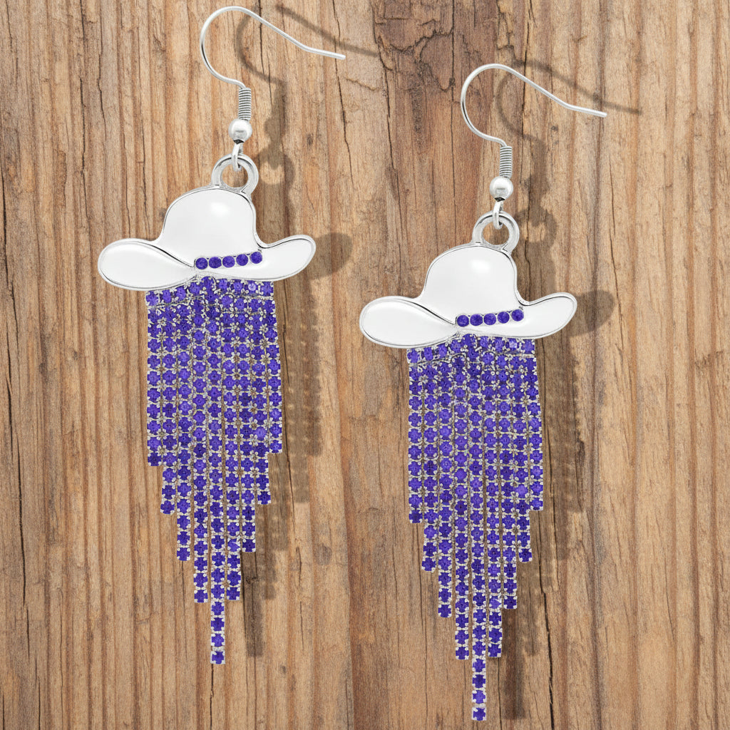 Sparkle Cowgirl Hat Fringe Earrings – Rhinestone Tassel Dangle Jewelry