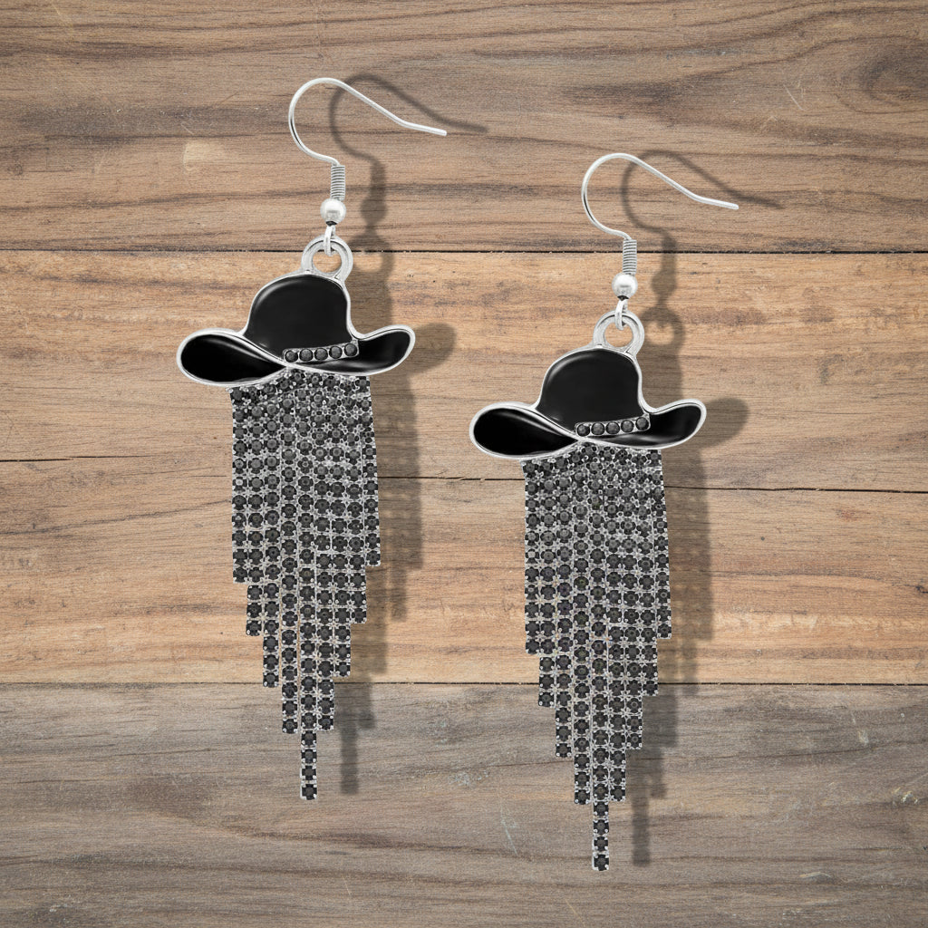 Sparkle Cowgirl Hat Fringe Earrings – Rhinestone Tassel Dangle Jewelry