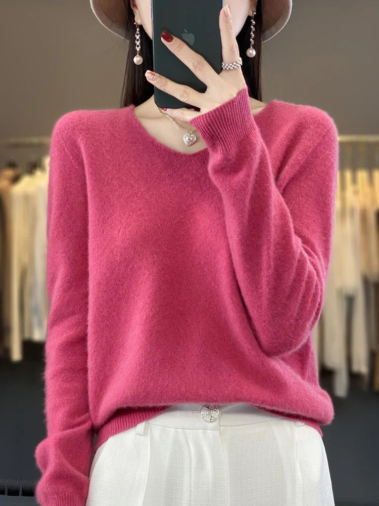 Women's 100% Merino Wool V-Neck Pullover Sweater