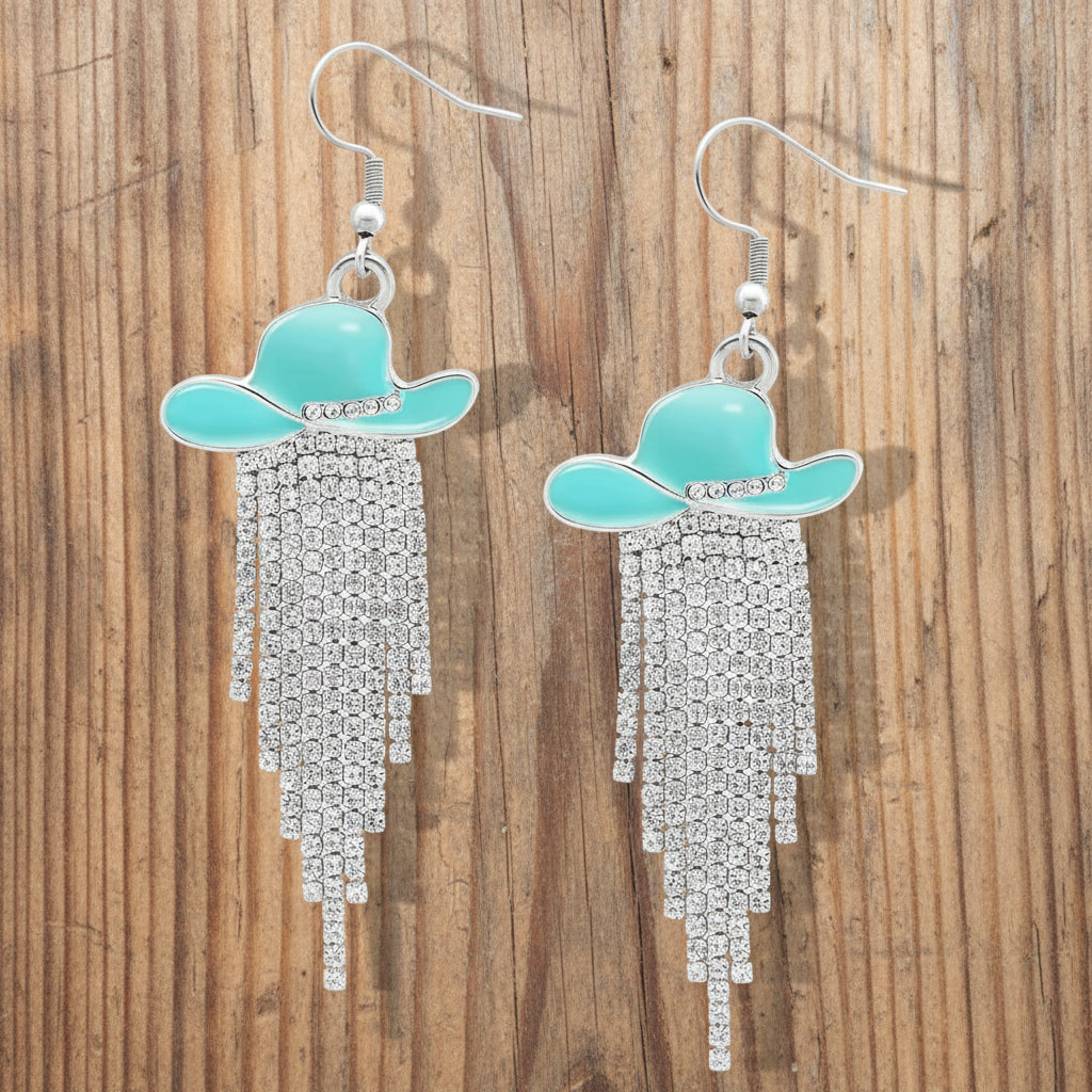 Sparkle Cowgirl Hat Fringe Earrings – Rhinestone Tassel Dangle Jewelry
