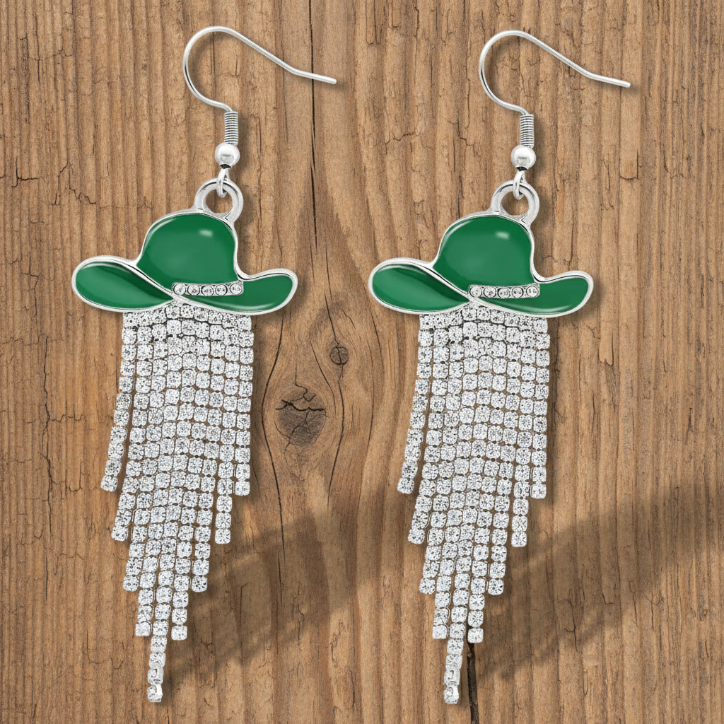 Sparkle Cowgirl Hat Fringe Earrings – Rhinestone Tassel Dangle Jewelry