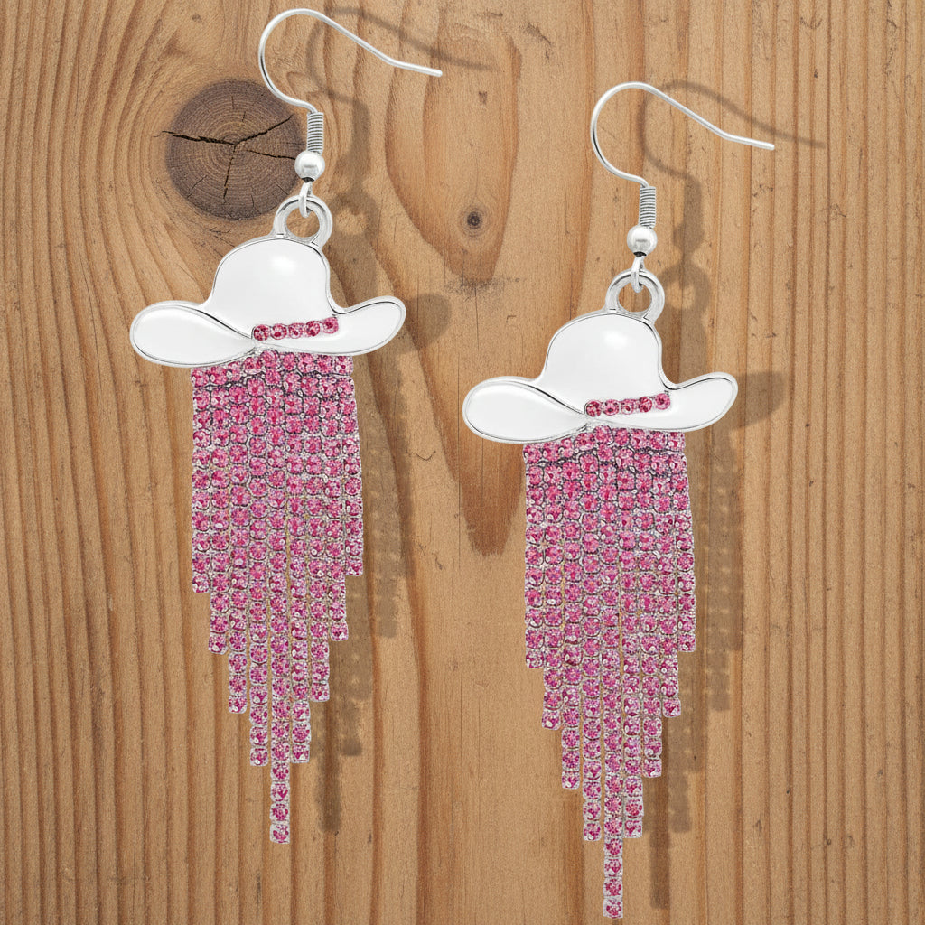 Sparkle Cowgirl Hat Fringe Earrings – Rhinestone Tassel Dangle Jewelry