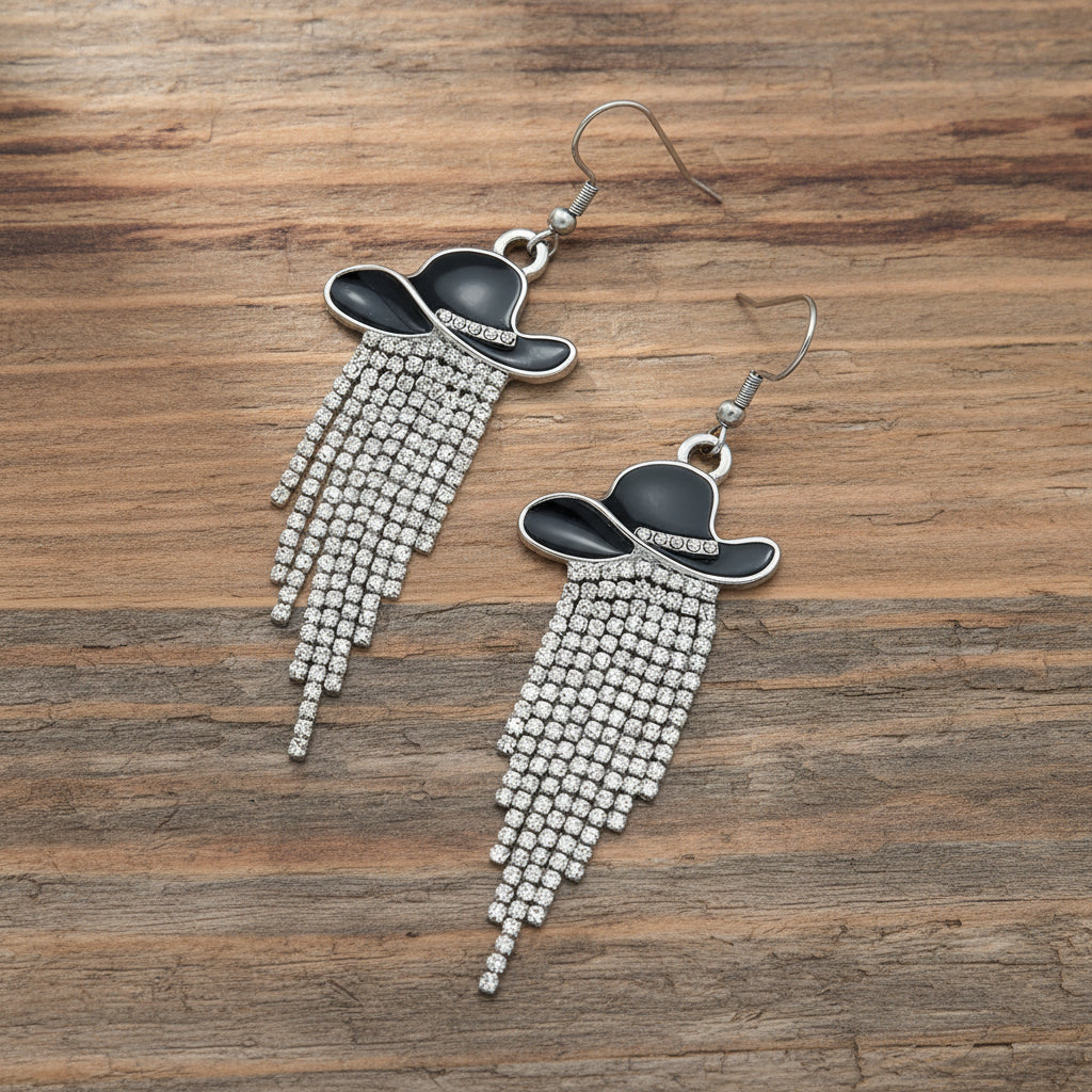 Sparkle Cowgirl Hat Fringe Earrings – Rhinestone Tassel Dangle Jewelry