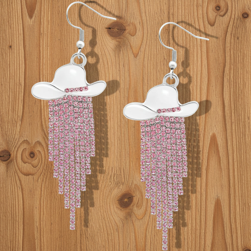 Sparkle Cowgirl Hat Fringe Earrings – Rhinestone Tassel Dangle Jewelry