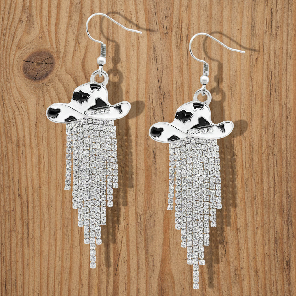 Sparkle Cowgirl Hat Fringe Earrings – Rhinestone Tassel Dangle Jewelry