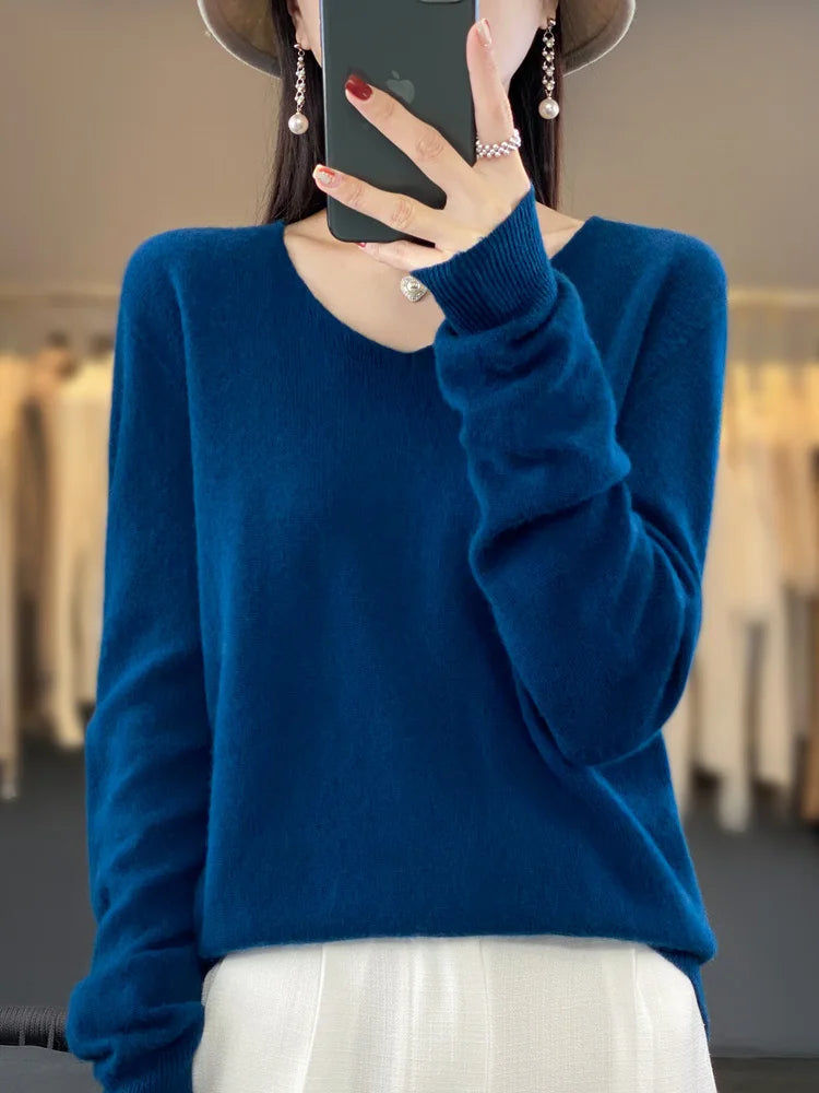 Women's 100% Merino Wool V-Neck Pullover Sweater