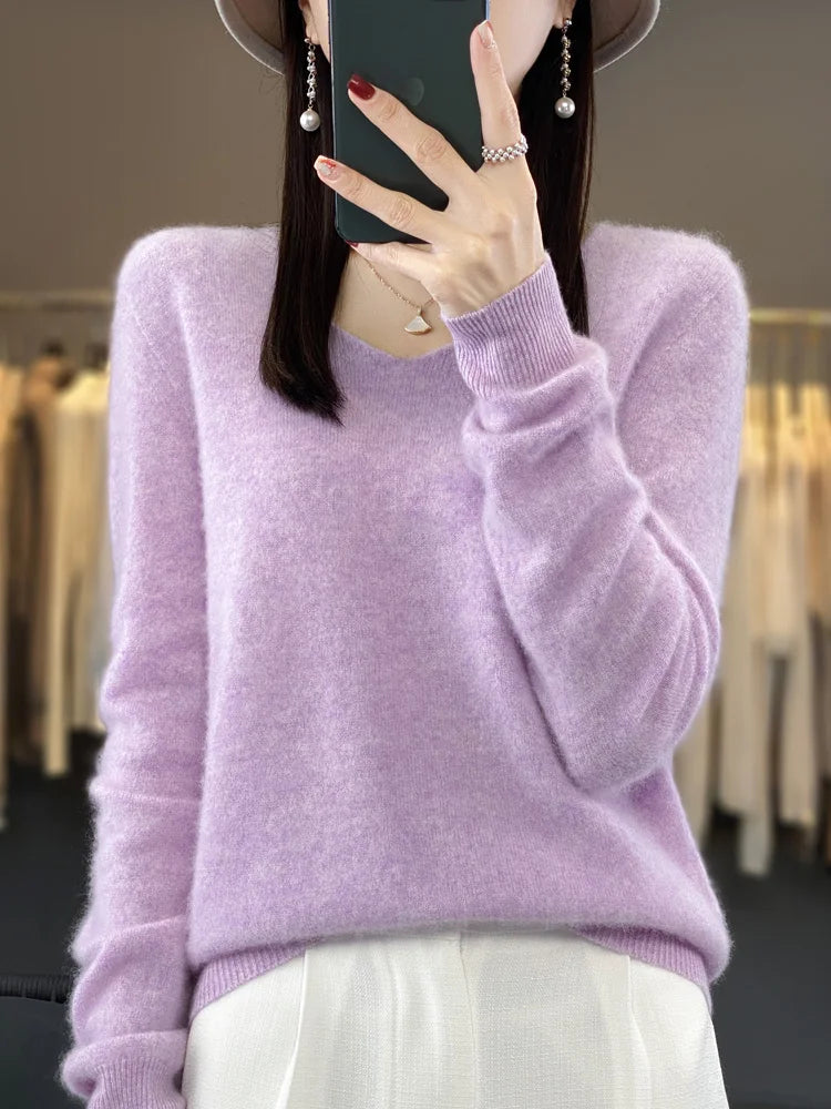 Women's 100% Merino Wool V-Neck Pullover Sweater