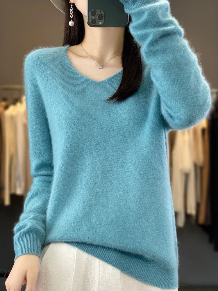 Women's 100% Merino Wool V-Neck Pullover Sweater