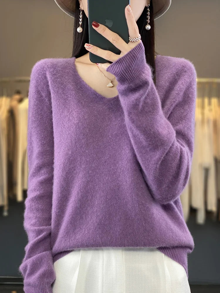 Women's 100% Merino Wool V-Neck Pullover Sweater