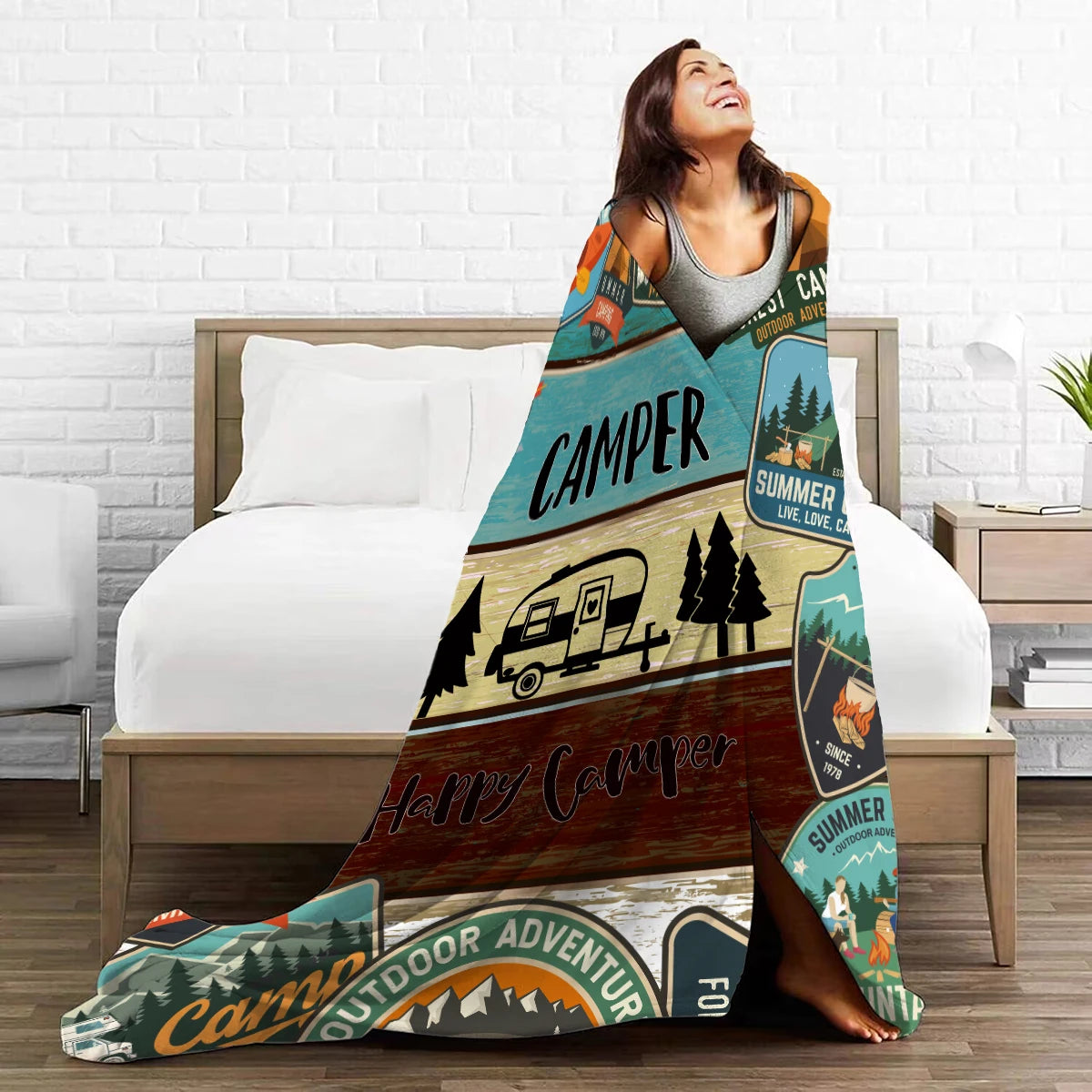 Happy Camper Flannel Throw Blanket