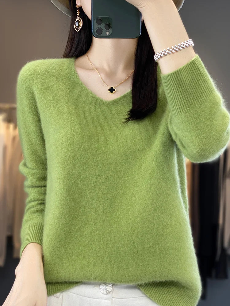 Women's 100% Merino Wool V-Neck Pullover Sweater