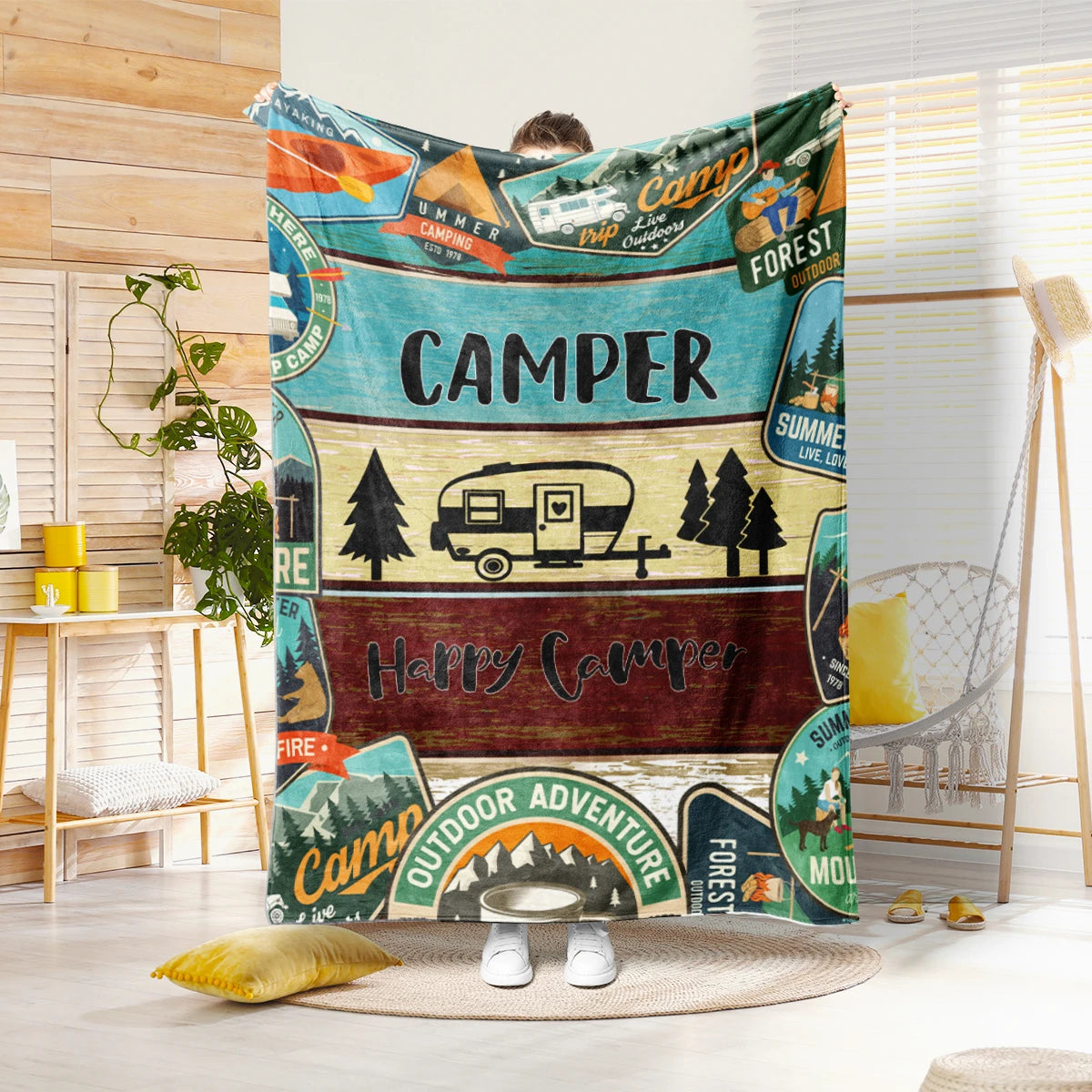 Happy Camper Flannel Throw Blanket
