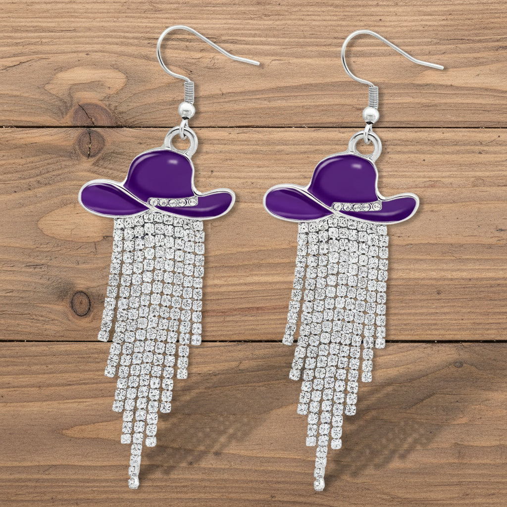 Sparkle Cowgirl Hat Fringe Earrings – Rhinestone Tassel Dangle Jewelry