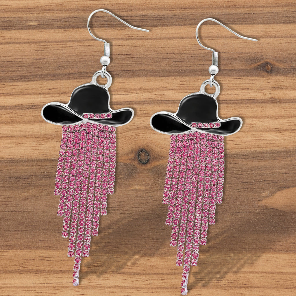 Sparkle Cowgirl Hat Fringe Earrings – Rhinestone Tassel Dangle Jewelry