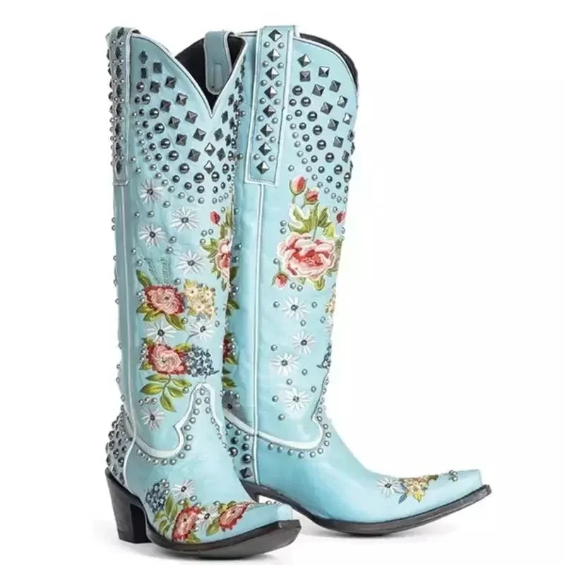 Floral Rivet Western Cowboy Boots