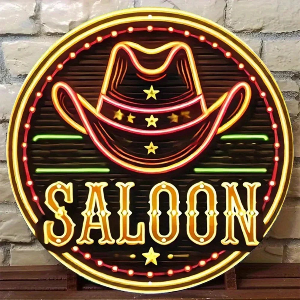 Neon Cowboy Hat Saloon Metal Sign