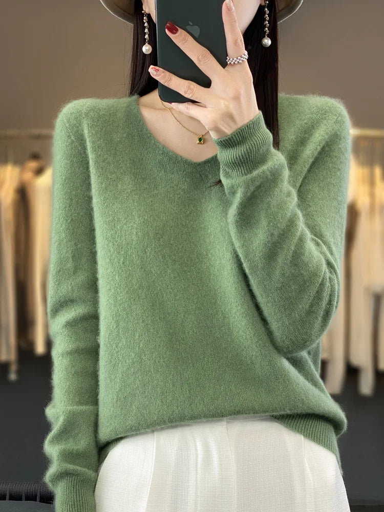 Women's 100% Merino Wool V-Neck Pullover Sweater