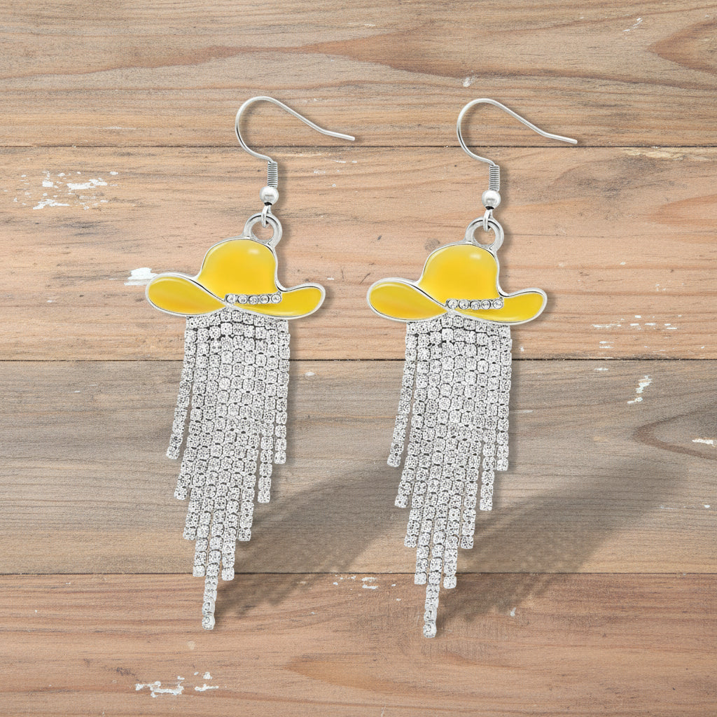 Sparkle Cowgirl Hat Fringe Earrings – Rhinestone Tassel Dangle Jewelry