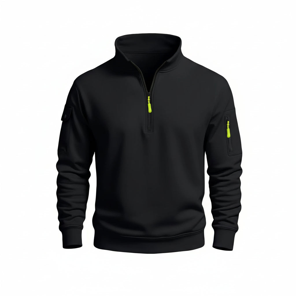 Black pullover with a yellow zipper on a white background
