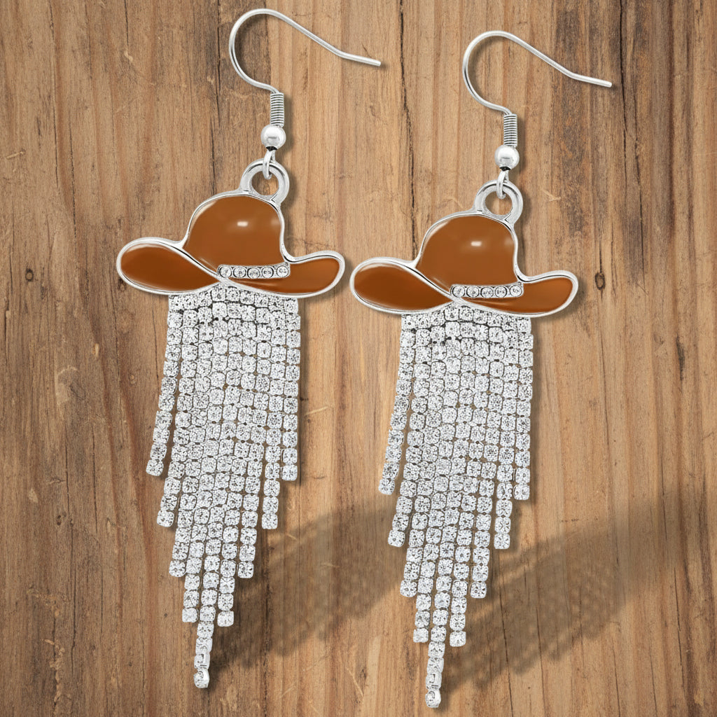 Sparkle Cowgirl Hat Fringe Earrings – Rhinestone Tassel Dangle Jewelry