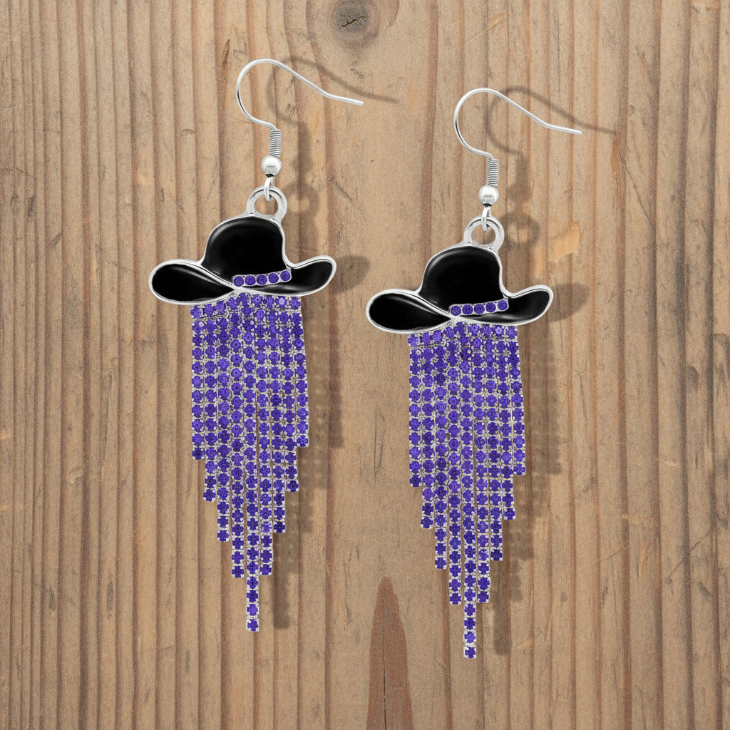Sparkle Cowgirl Hat Fringe Earrings – Rhinestone Tassel Dangle Jewelry