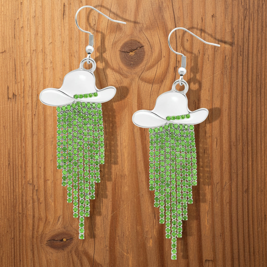 Sparkle Cowgirl Hat Fringe Earrings – Rhinestone Tassel Dangle Jewelry