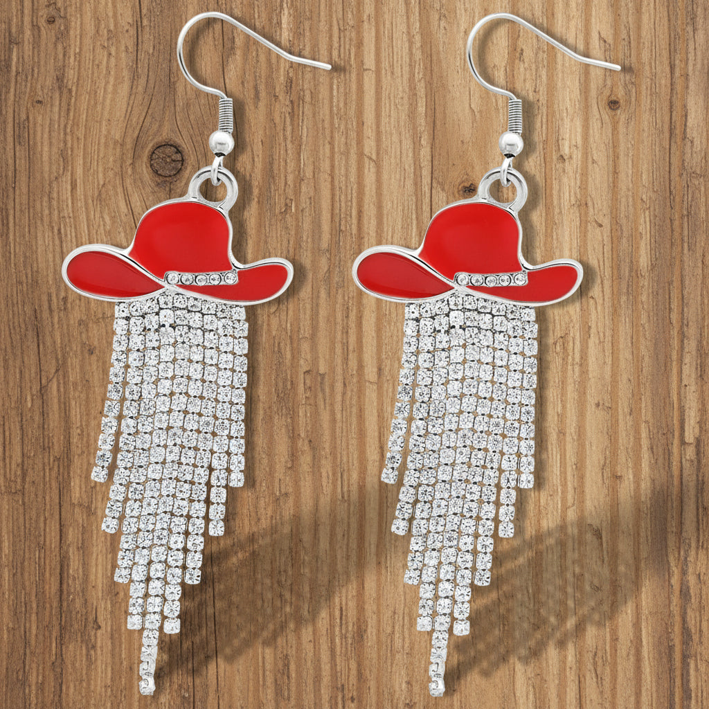 Sparkle Cowgirl Hat Fringe Earrings – Rhinestone Tassel Dangle Jewelry