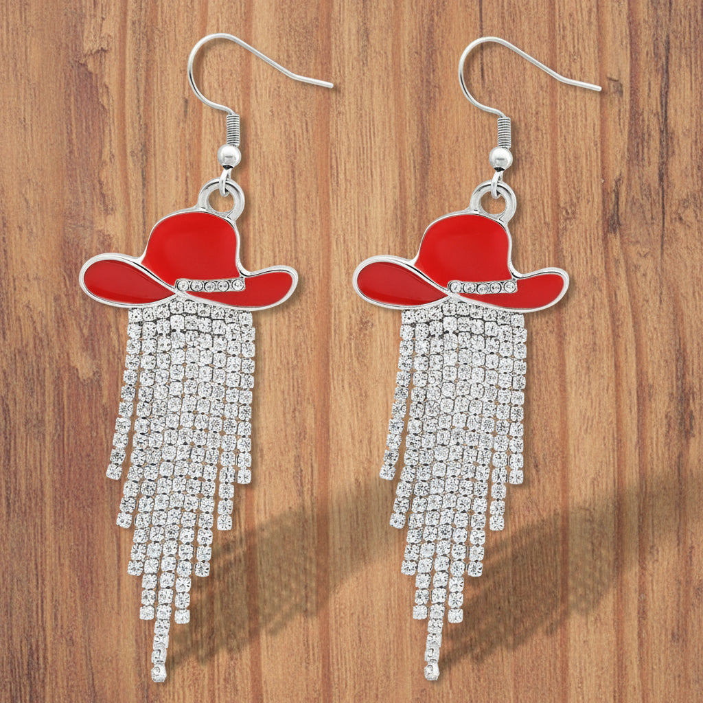 Sparkle Cowgirl Hat Fringe Earrings – Rhinestone Tassel Dangle Jewelry