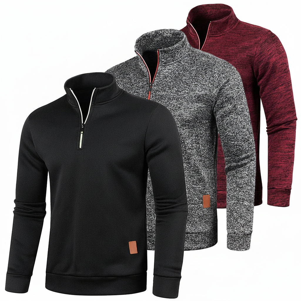 Three quarter-zip sweatshirts in black, gray, and red on a white background with WHWR branding.