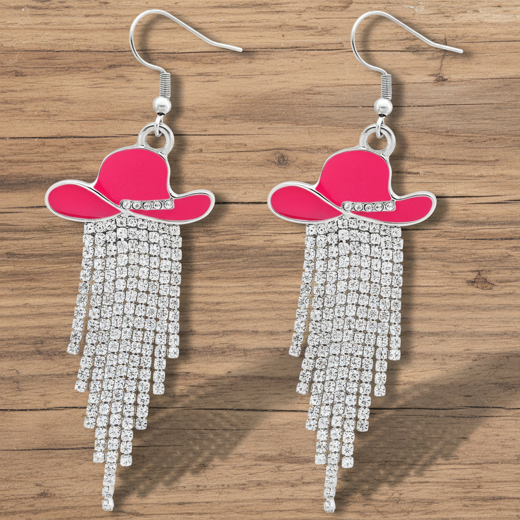 Sparkle Cowgirl Hat Fringe Earrings – Rhinestone Tassel Dangle Jewelry