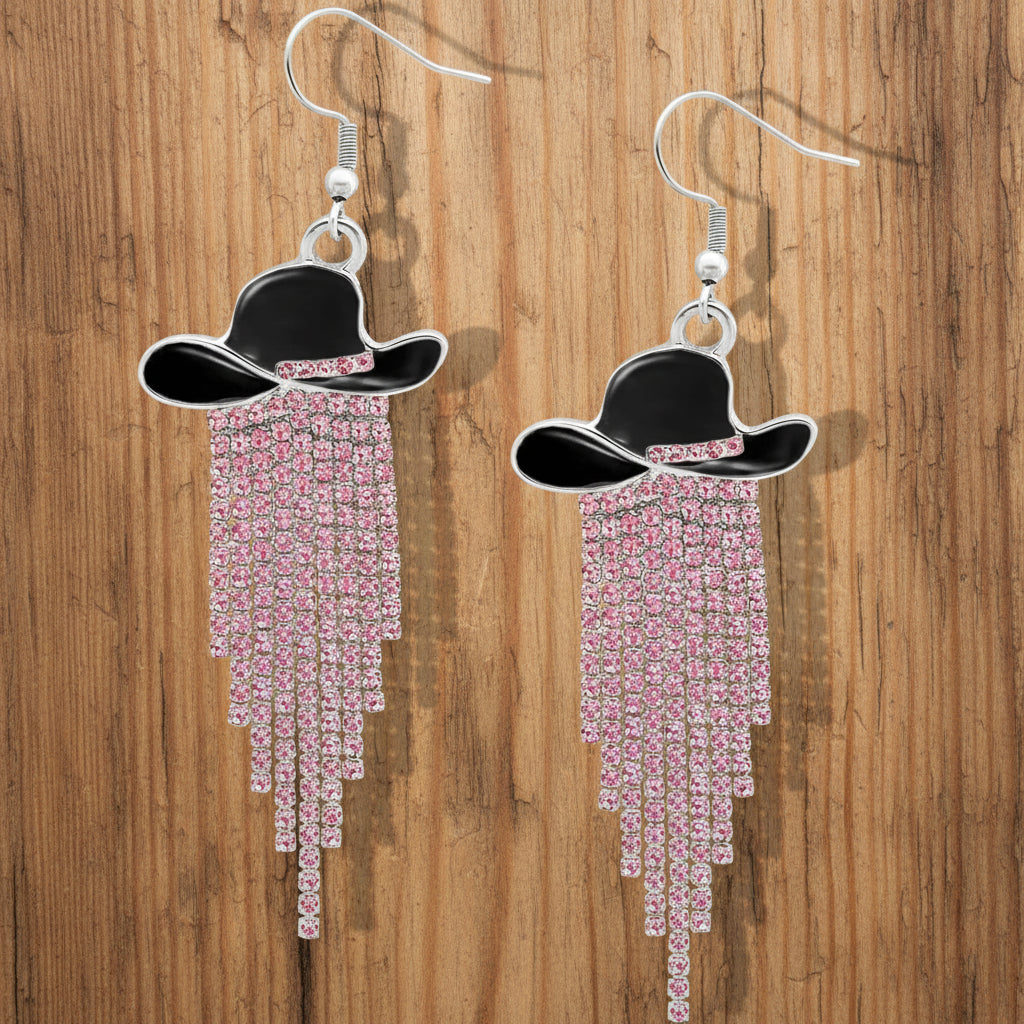 Sparkle Cowgirl Hat Fringe Earrings – Rhinestone Tassel Dangle Jewelry