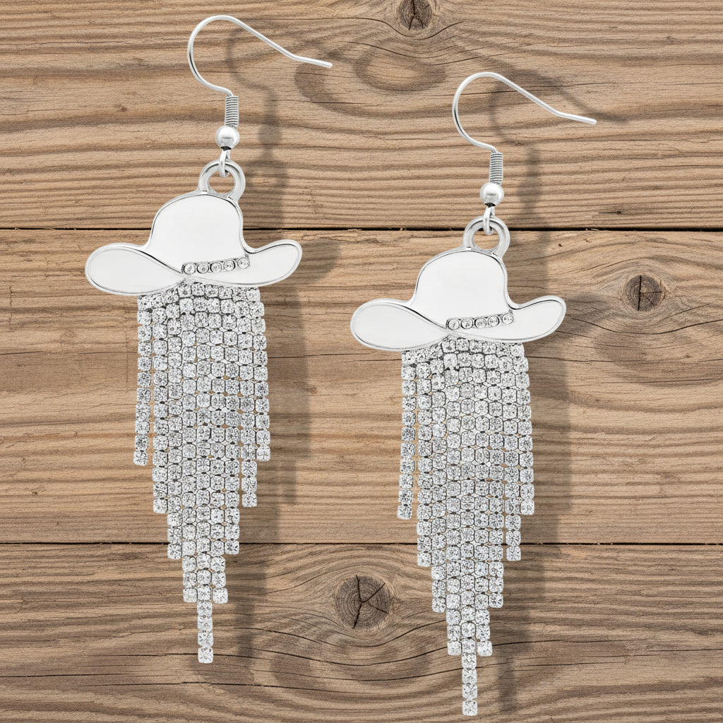 Sparkle Cowgirl Hat Fringe Earrings – Rhinestone Tassel Dangle Jewelry