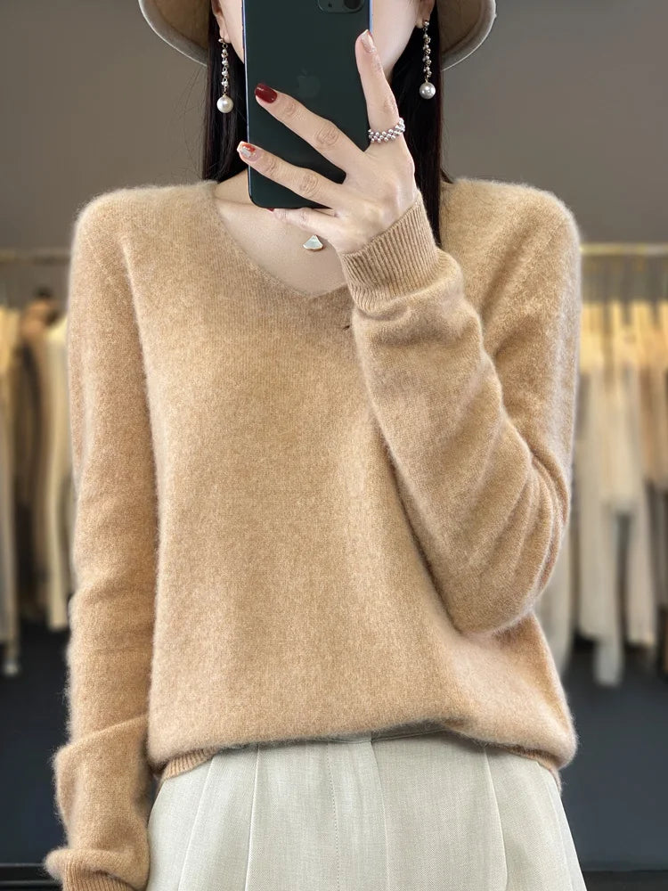 Women's 100% Merino Wool V-Neck Pullover Sweater