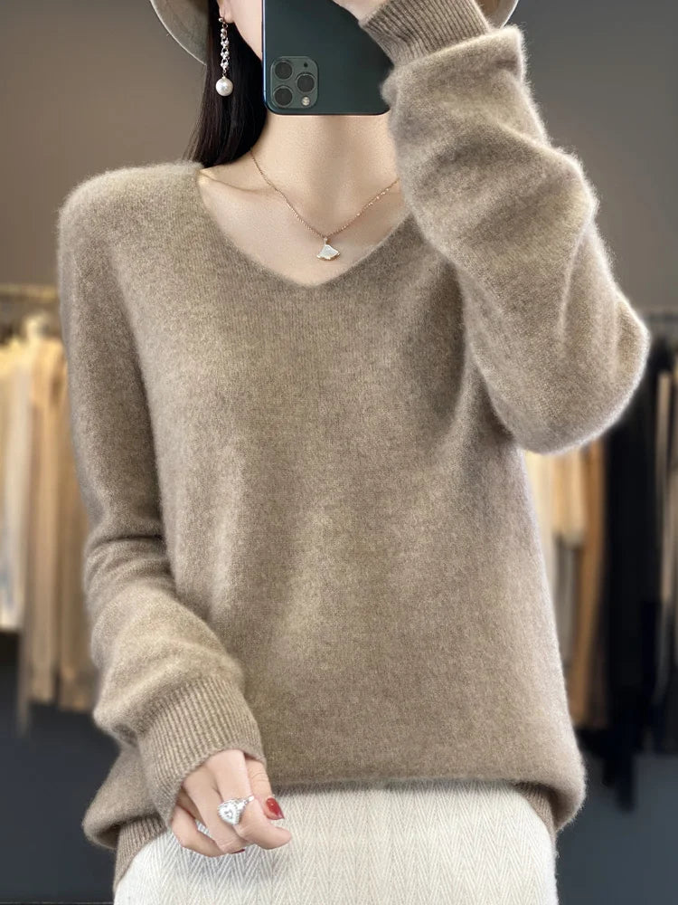Women's 100% Merino Wool V-Neck Pullover Sweater