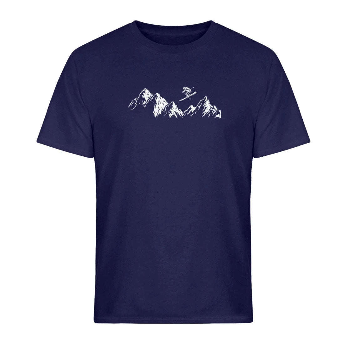 Navy blue t-shirt with white mountain graphic on a white background