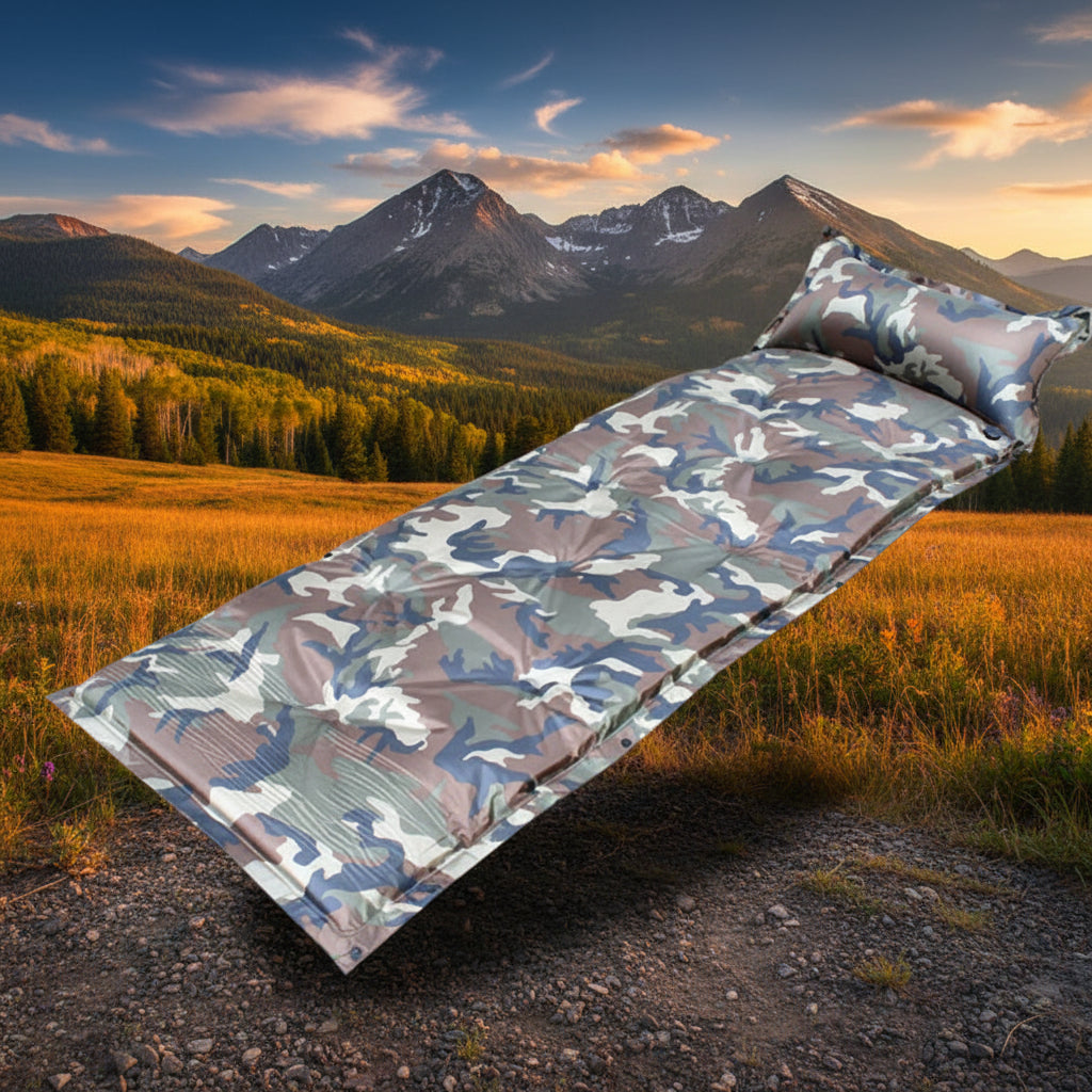 Camouflage-patterned inflatable mattress on a  with Mountains in the background
