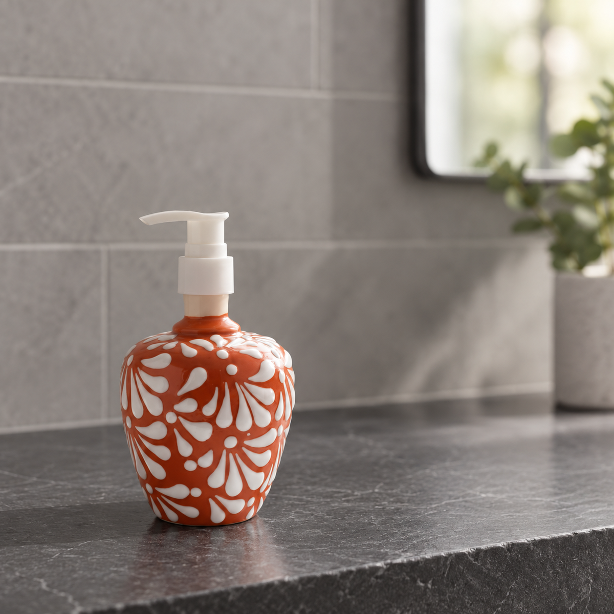 Talavera Soap Dispenser | Brown & White Floral Motif