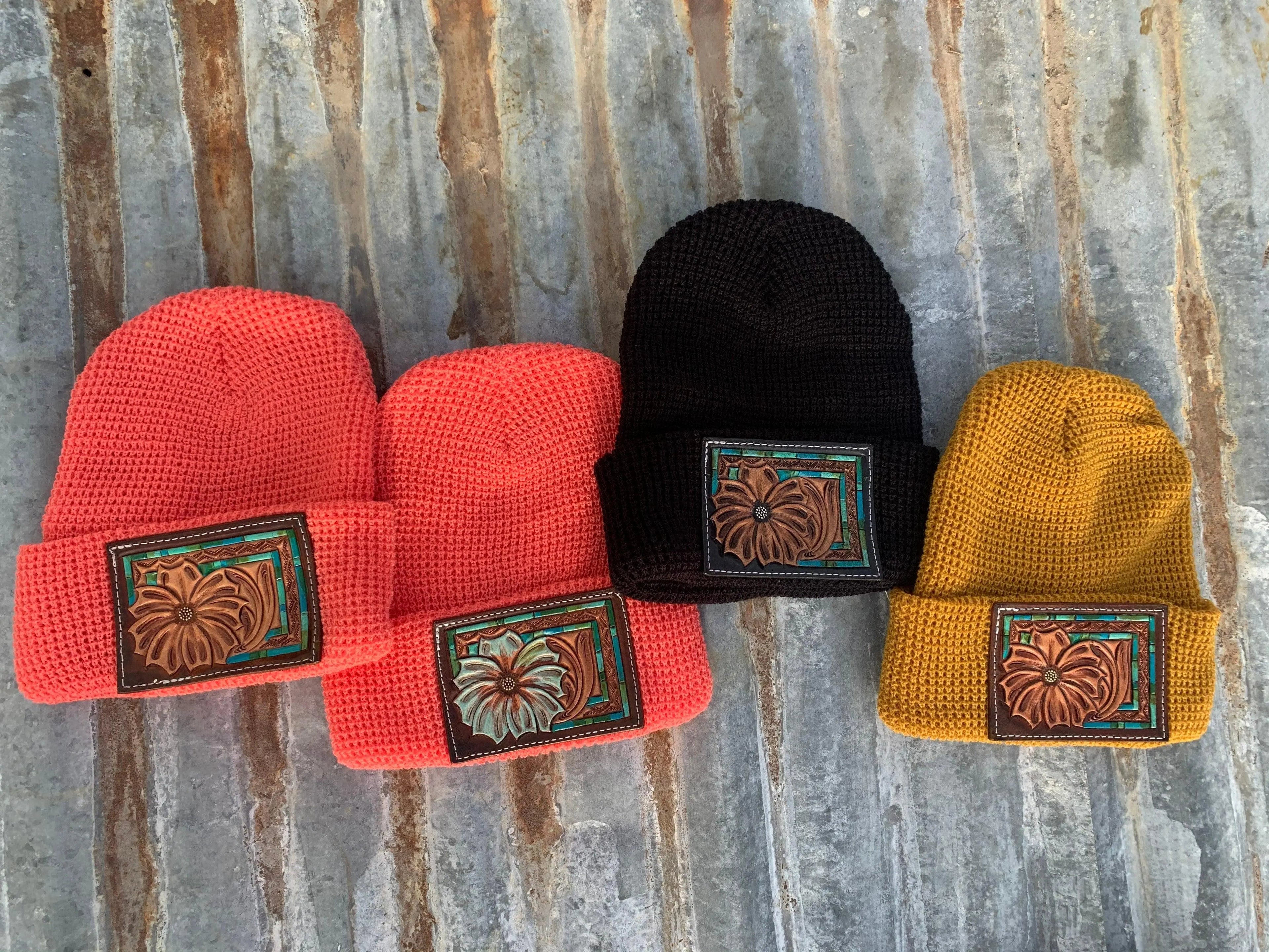 Daisy Handtooled Leather Patch Beanie