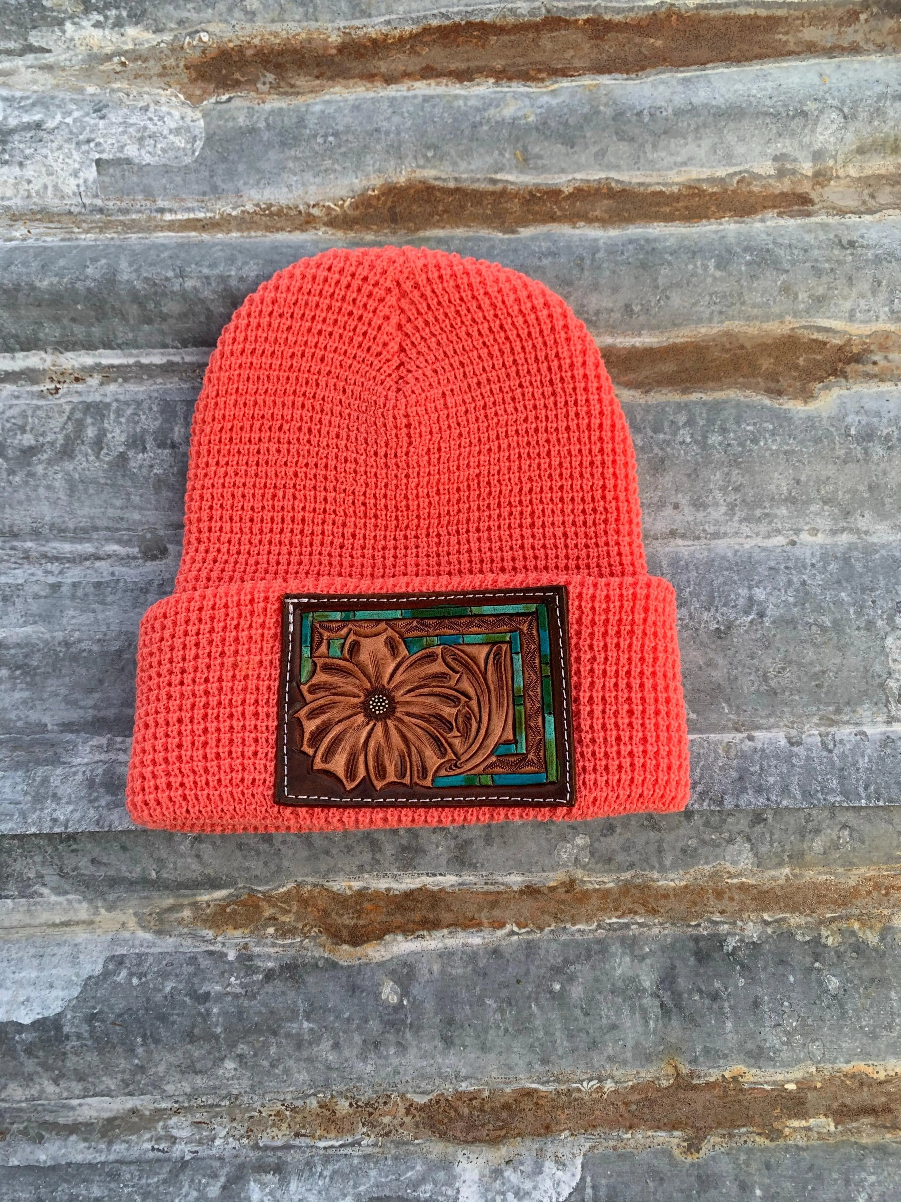 Daisy Handtooled Leather Patch Beanie