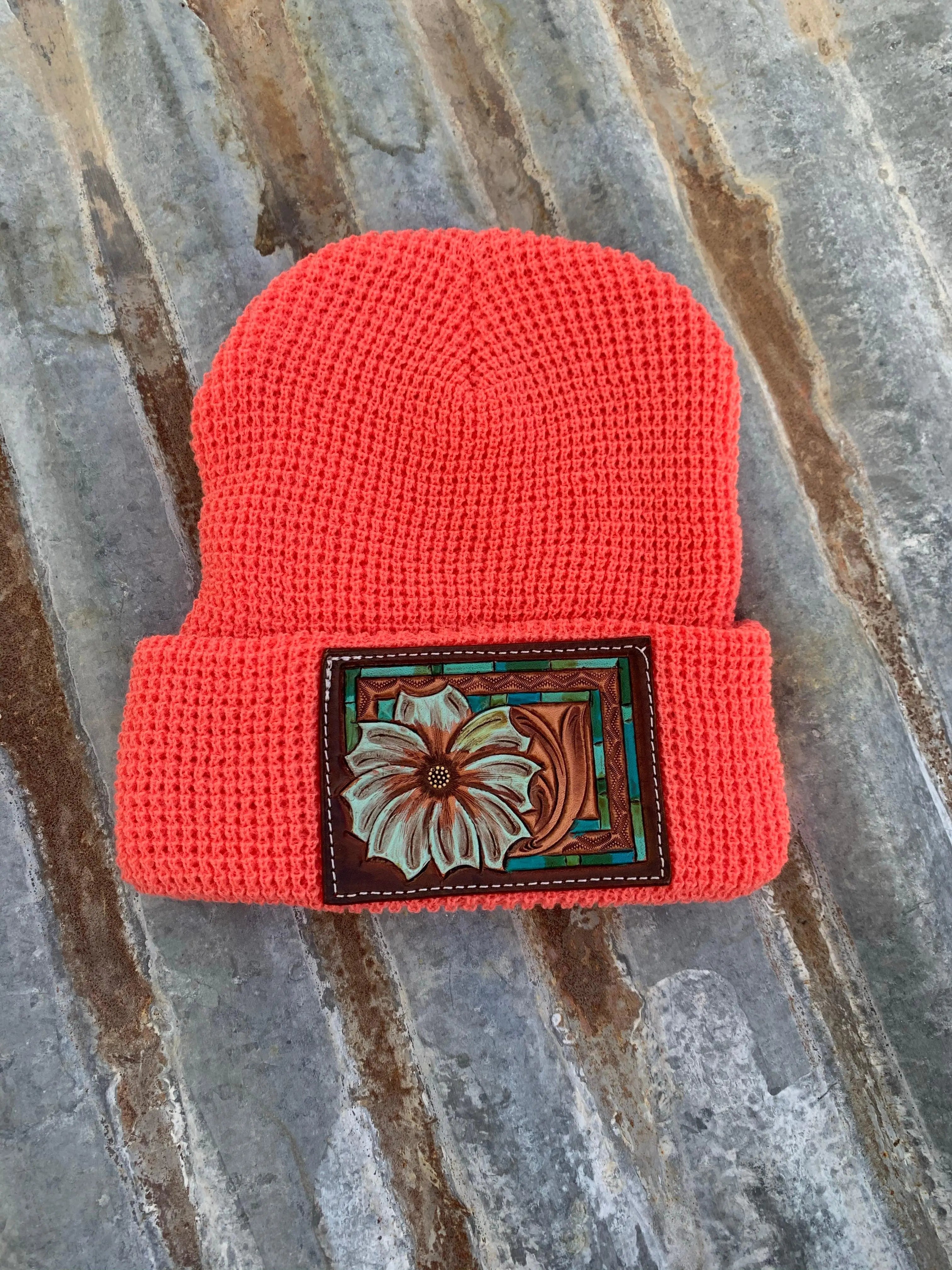 Daisy Handtooled Leather Patch Beanie
