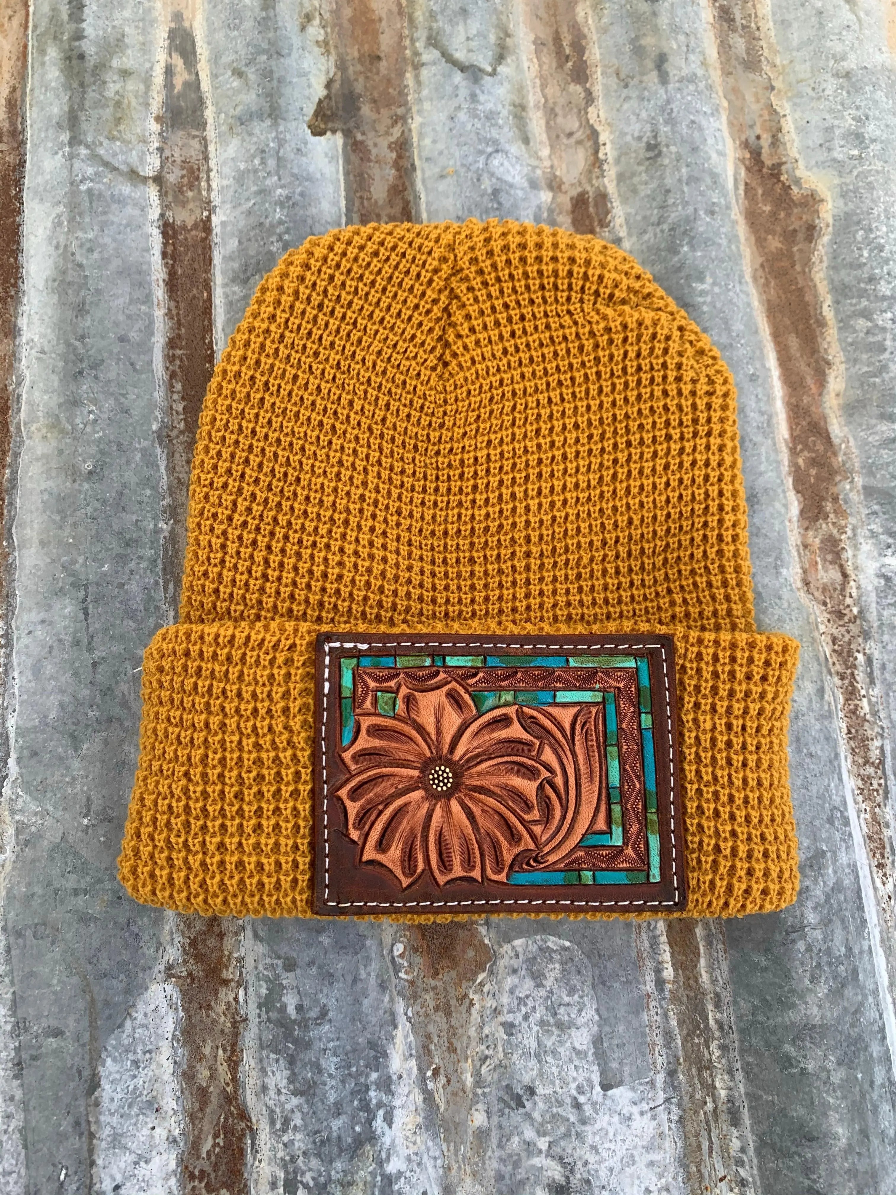 Daisy Handtooled Leather Patch Beanie