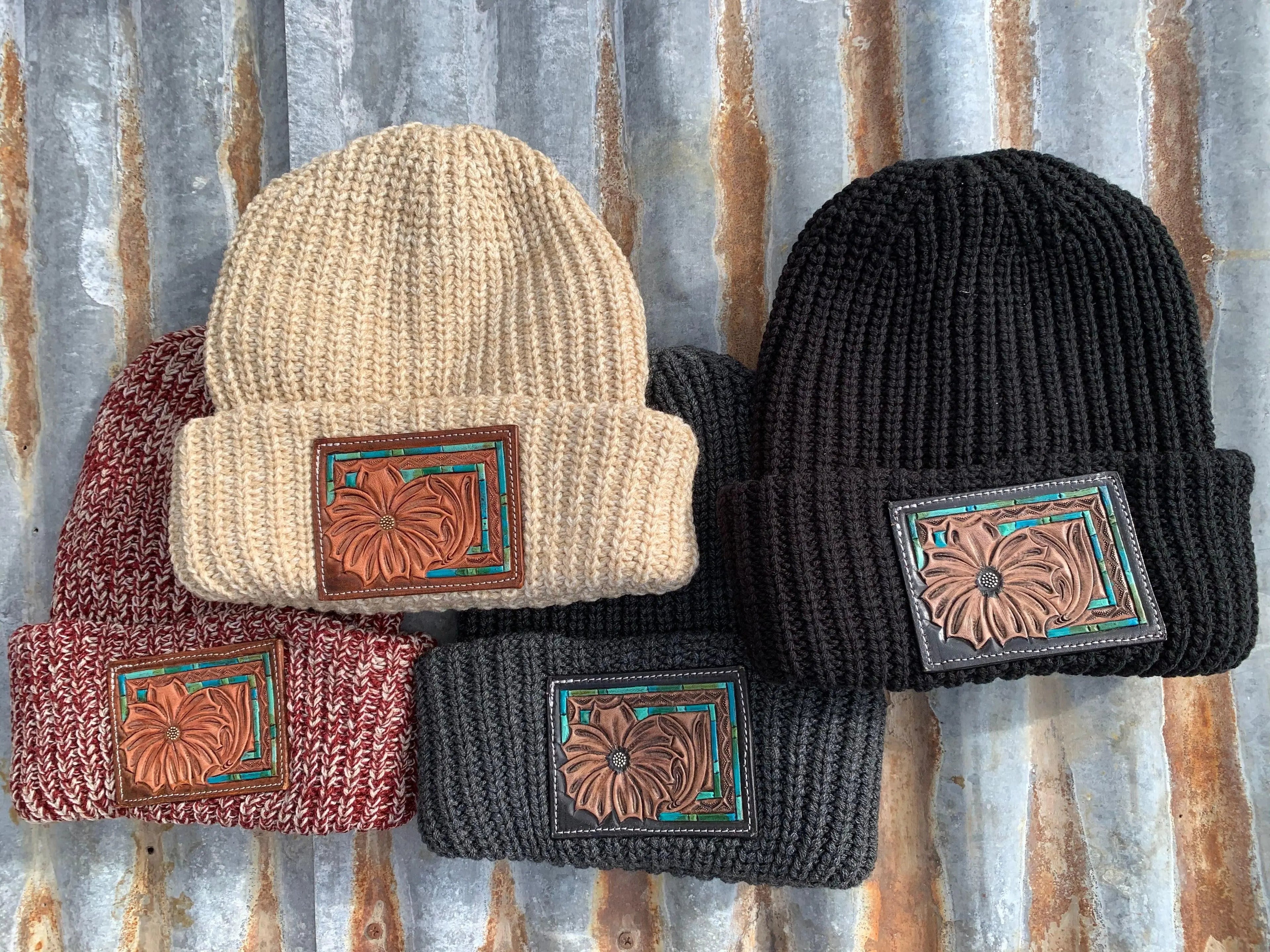 Daisy Handtooled Leather Patch Beanie